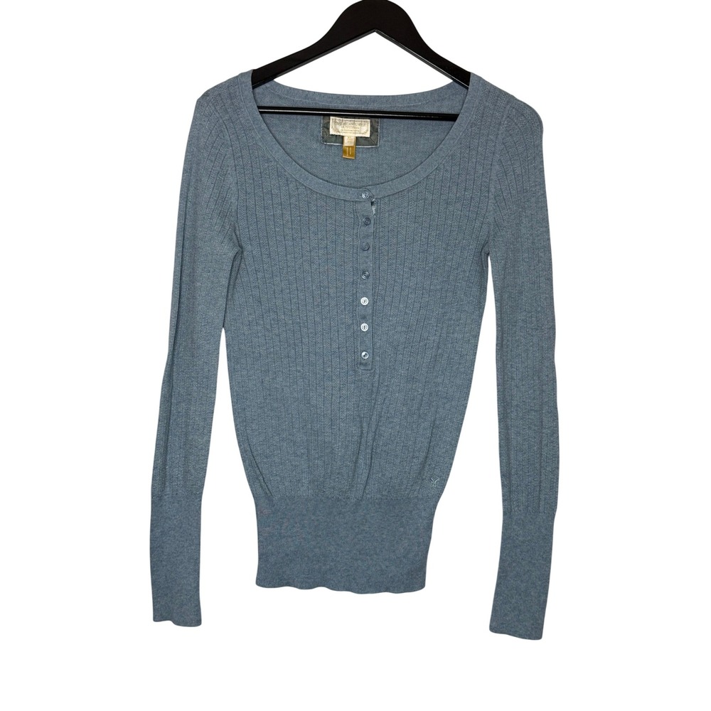 American Eagle Henley Top XL Blue Ribbed Knit Long Sleeve Y2K Cotton Vintage